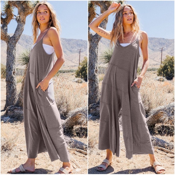 011 Boho Brown Wide leg Pocket Cami Jumpsuit - Picture 2 of 2